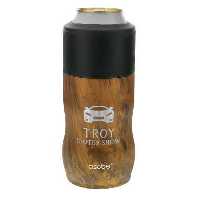 Stainless wood tone can cooler with custom engraved imprint.