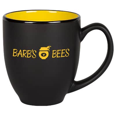 Ceramic black and yellow coffee mug with c-handle and custom imprint in 14 ounces.