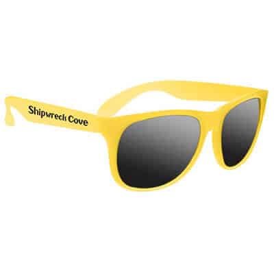 Plastic and UV frosted to yellow sun shifting sunglasses with imprinting.