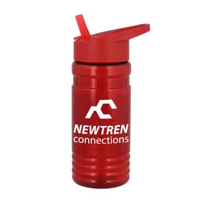 Upcycle plastic red water bottle with flip straw lid and custom imprint in 20 ounces.
