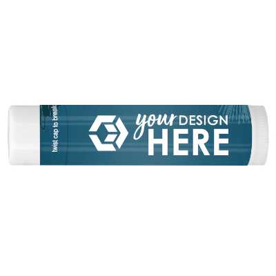 Blue background business lip balm with a customized logo.
