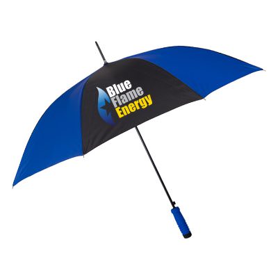 Full color print on royal blue with black 46 inch comfort grip umbrella.