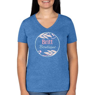 Personalized women's azure blue tee with full color imprint.