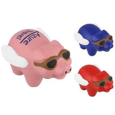 Foam pink flying pig stress ball with a printed logo.