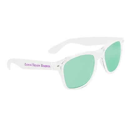 Polycarbonate green crystal maui sunglasses with printed logo.