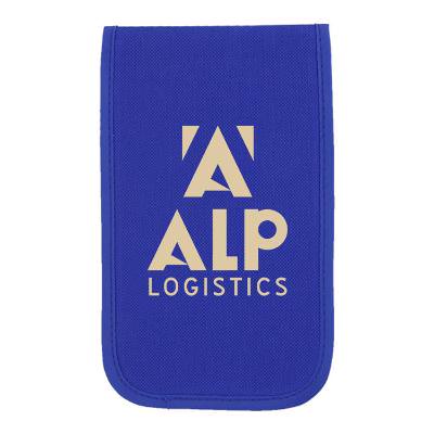 Polyester blue block-out phone sleeve with printed logo.