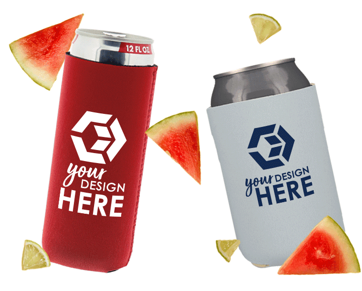 Red slim can neoprene can coolers with white imprint and light blue standard neoprene can coolers with blue imprint