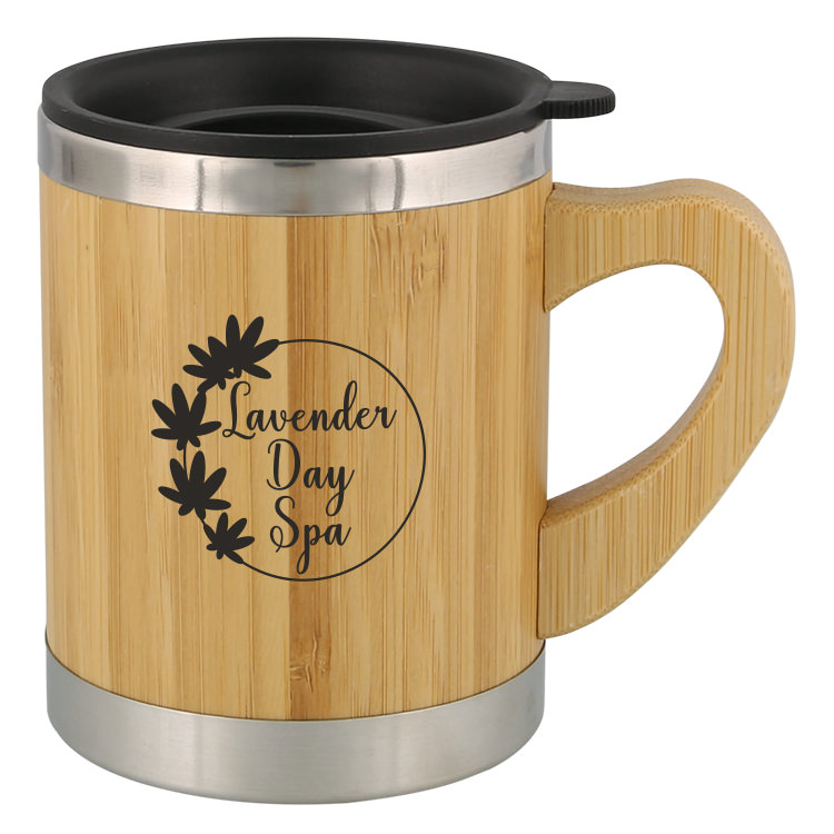 Bamboo mug with custom logo.