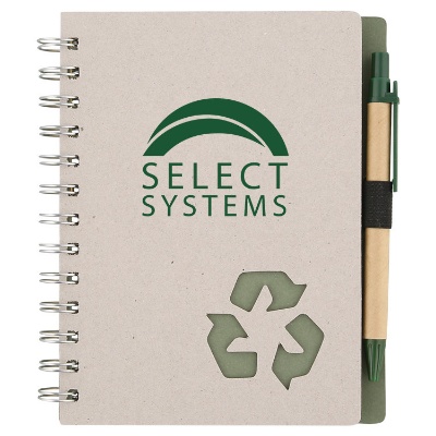 Cardboard natural and green notebook with pen and logo.