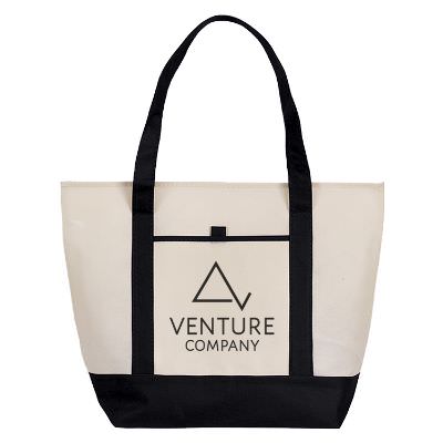 Non-woven polypropylene black boat tote with imprint.