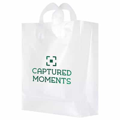 Plastic frosted clear foil stamped shopper bag with custom imprint.