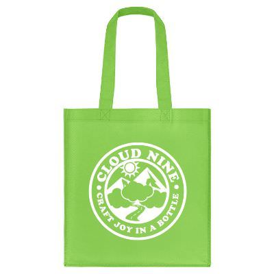 Polypropylene lime green tote bag with custom logo and 8-inch gussets.