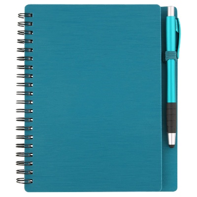 Brushed textured peacock blue notebook with matching pen.