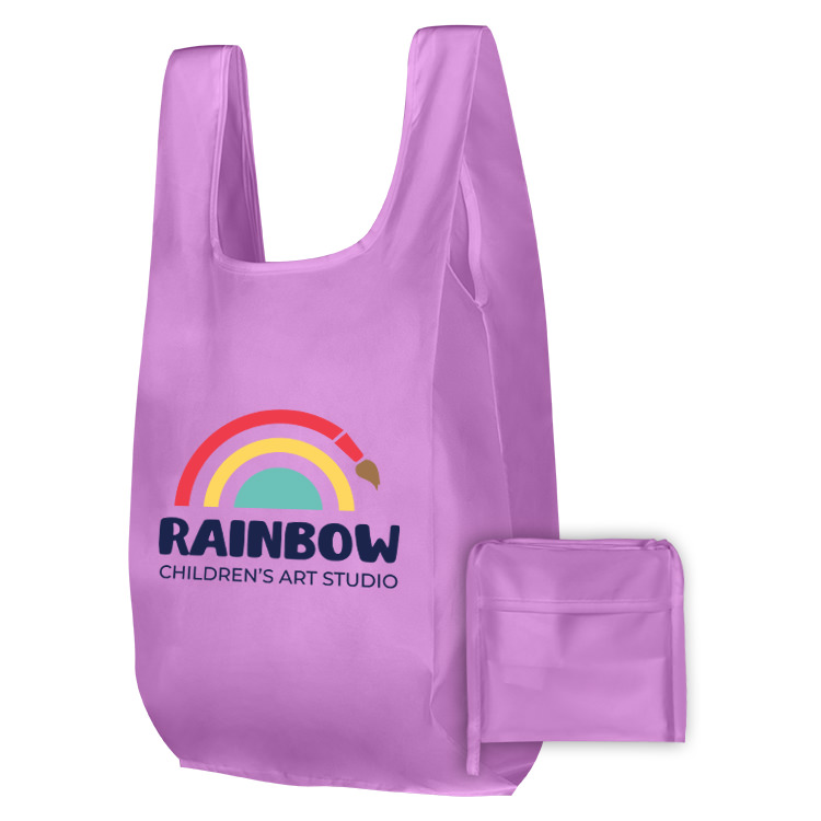 Polyester yellow foldable printed t-shirt bag with full color custom logo.