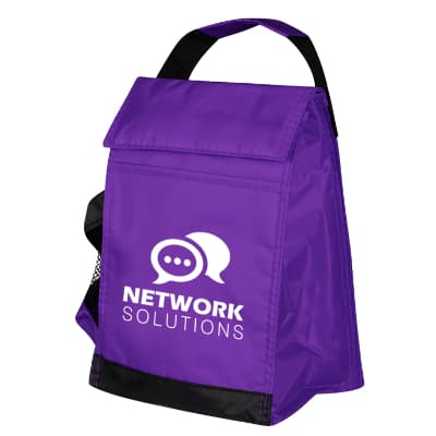 Purple nylon identification lunch bag with custom design.
