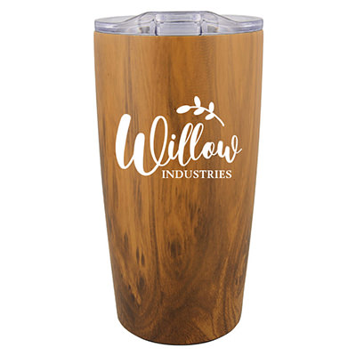 Stainless steel brown wood water bottle with logo in 20 ounces.