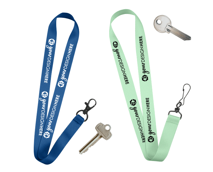 Blue custom keychain lanyards with white imprint and teal personalized keychain lanyards with black imprint