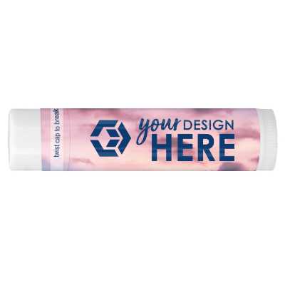 Multicolored background branded lip balm with a custom logo.