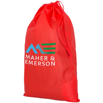 Polypropylene red budget laundry bag with personalized full color logo.