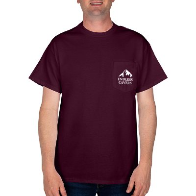 Customized maroon unisex pocket t-shirt with logo.