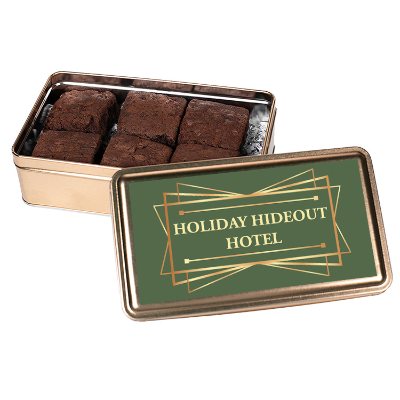 Gold branded 6 piece full color fudge brownies in tin.