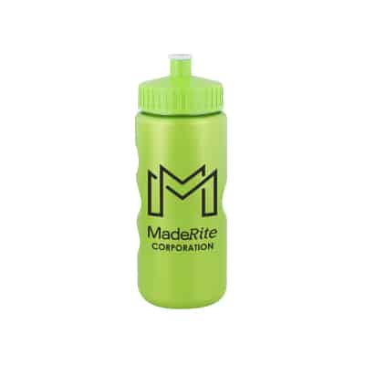 Plastic metallic green water bottle with push pull lid and custom branding in 22 ounces.