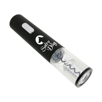 Black plastic and silicone electric wine opener with personalized promotional imprint.