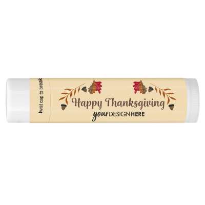 Personalized orange Thanksgiving lip balm with leaves.