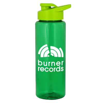 Plastic green water bottle with drink thru lid and custom promtions in 32 ounces.