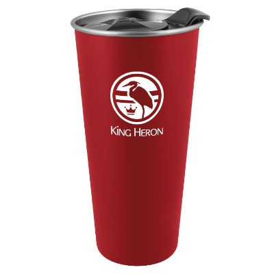 Red tumbler with custom imprint.