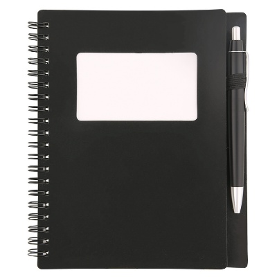 Black notebook with photo window and pen.
