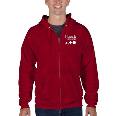 Personalized deep red full-zip sweatshirt with logo.