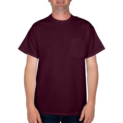 Blank maroon unisex pocket t-shirt.