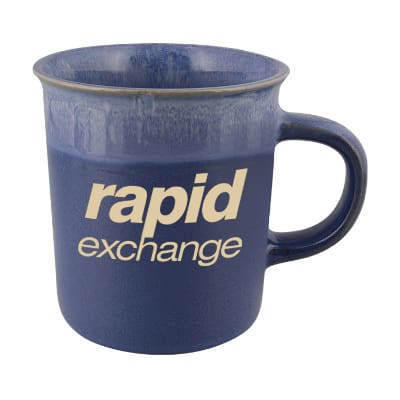 Ceramic blue coffee mug with c-handle and personalized imprint in 16 ounces.