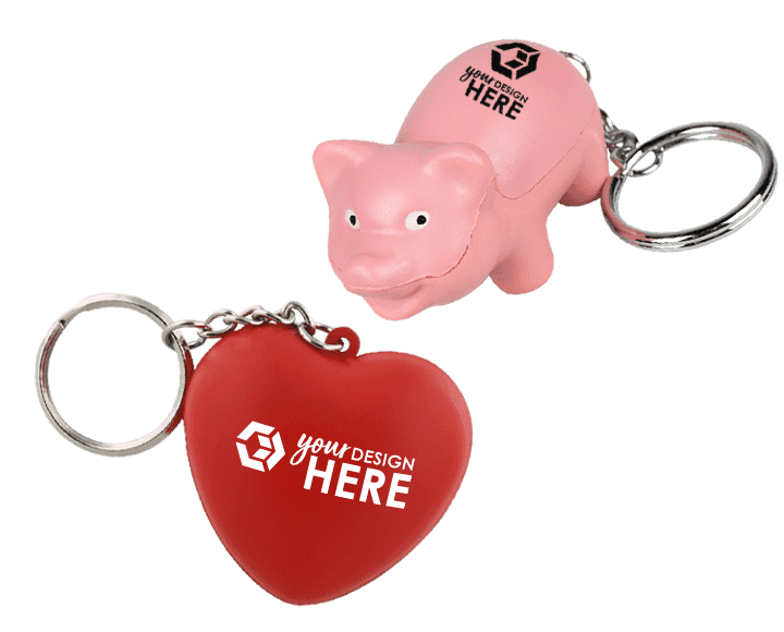 Red heart keychain stress balls with white imprint and pink pig stress ball keychain with black imprint