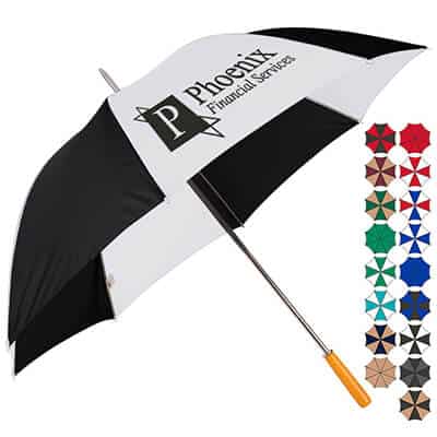 Branded 60 inch white and black golf panel umbrella.