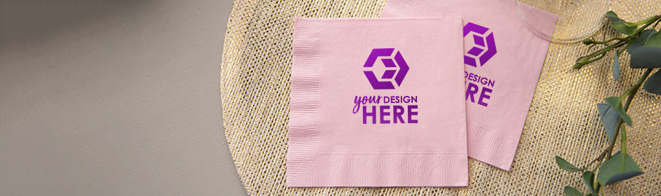 Two pink napkins with purple foil stamp imprint