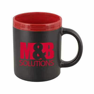 Ceramic black with red coffee mug with c-handle and custom branding in 11 ounces.