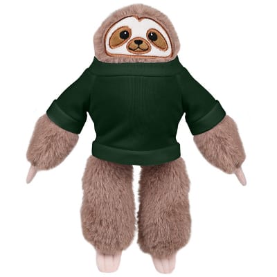 Plush and cotton sloth with forest green shirt blank.