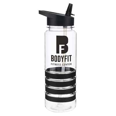 Tritan clear and black water bottle with custom logo and snap lid in 24 ounces.
