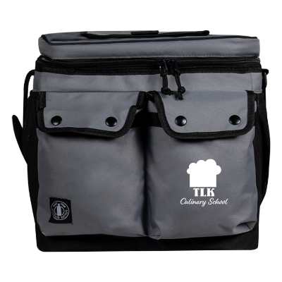 Gray front pocket cooler with custom logo.