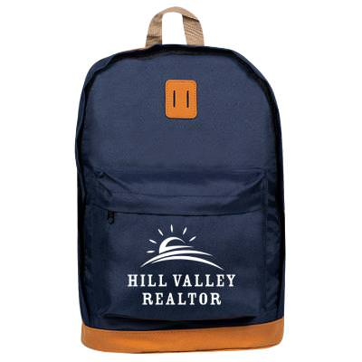 Navy backpack with custom logo.