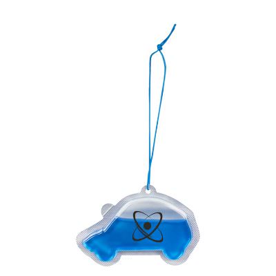 Car shaped air freshener with colored scented gel with custom logo.