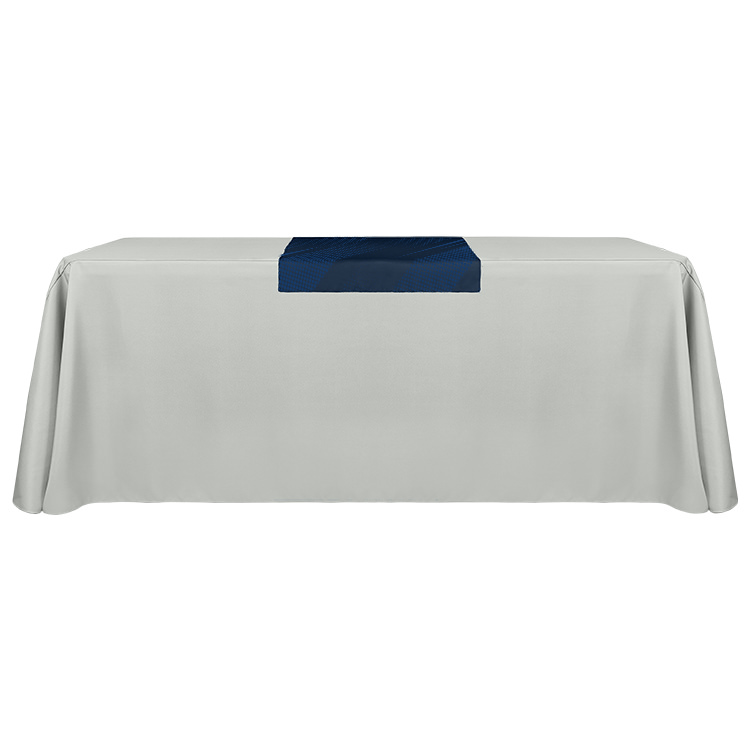 24 inches x 60 inches full-color liquid repellent polyester table runner with serged edges.