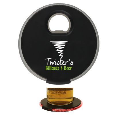 Metal black plastic coaster light up bottle opener with full color imprint.