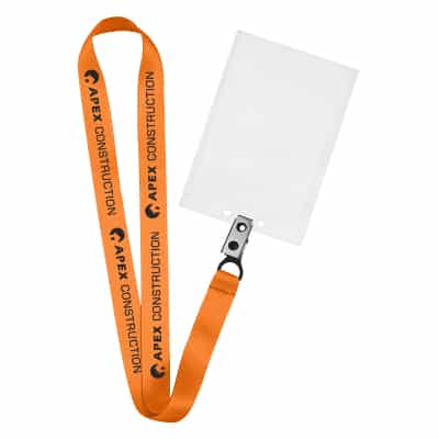 3/4 inch bright orange satin polyester custom lanyard with bulldog clip and vertical ID holder.