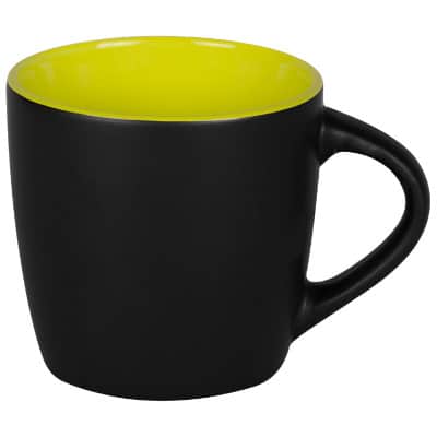 Ceramic black with lime green coffee mug with c-handle blank in 11 ounces.