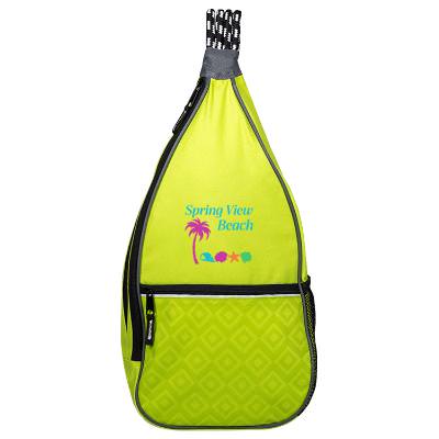 Green slingpack with full-color logo.