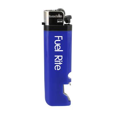 Blue plastic lighter with a personalized logo.