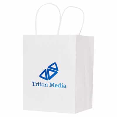 Paper white rizzo bag recyclable foil stamped bag logoed.